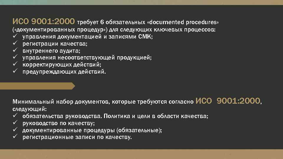 ИСО 9001: 2000 требует 6 обязательных «documented procedures» ( «документированных процедур» ) для следующих