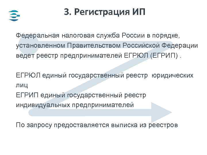 3. Регистрация ИП Федеральная налоговая служба России в порядке, установленном Правительством Российской Федерации ведет