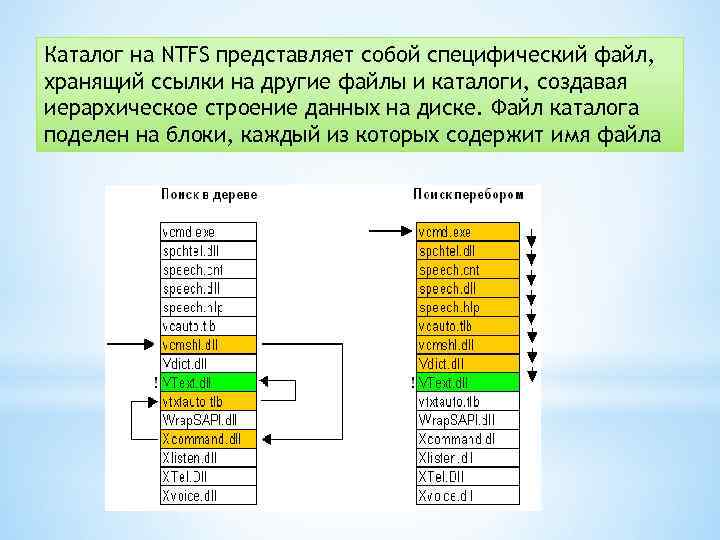 Каталог на NTFS представляет собой специфический файл, хранящий ссылки на другие файлы и каталоги,