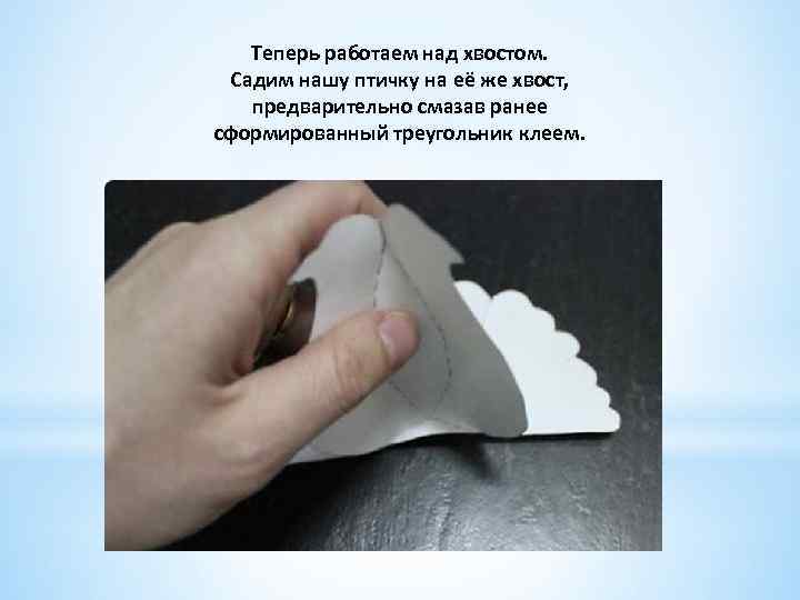 Теперь работаем над хвостом. Садим нашу птичку на её же хвост, предварительно смазав ранее