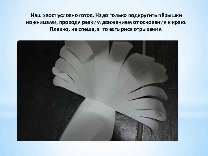 Наш хвост условно готов. Надо только подкрутить пёрышки ножницами, проводя резким движением от основания