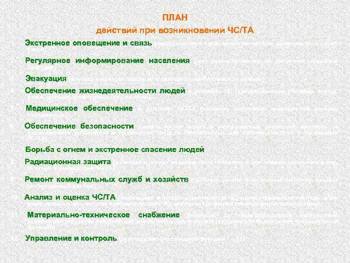 ПЛАН действий при возникновении ЧС/ТА 1. Экстренное оповещение и связь (своевременное оповещение населения, проверка