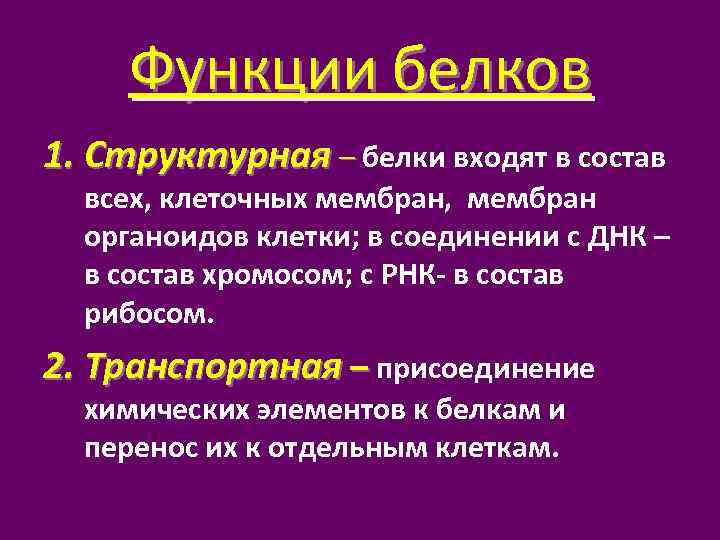 Функции белков 1. Структурная – белки входят в состав всех, клеточных мембран, мембран органоидов