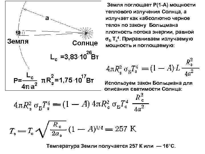 Земля поглощает Р(1 -А) мощности теплового излучения Солнца, а излучает как «абсолютно черное тело»