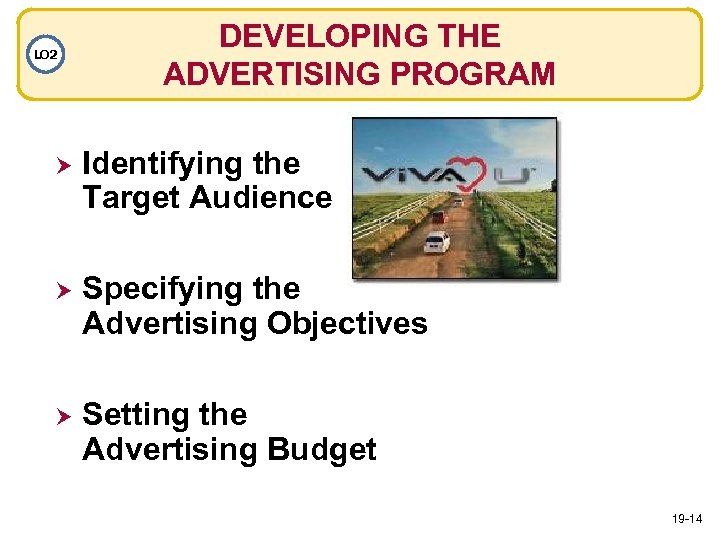 LO 2 DEVELOPING THE ADVERTISING PROGRAM Identifying the Target Audience Specifying the Advertising Objectives