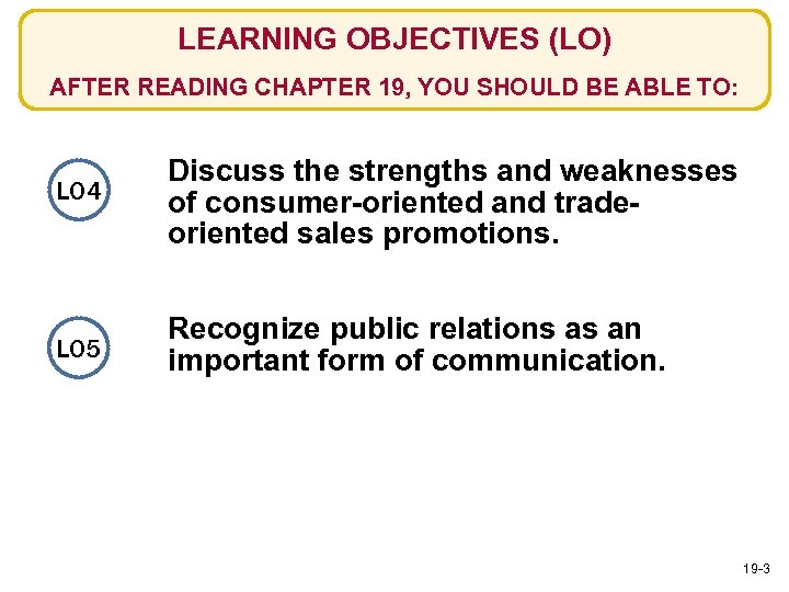 LEARNING OBJECTIVES (LO) AFTER READING CHAPTER 19, YOU SHOULD BE ABLE TO: LO 4