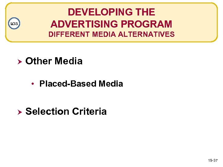 LO 3 DEVELOPING THE ADVERTISING PROGRAM DIFFERENT MEDIA ALTERNATIVES Other Media • Placed-Based Media