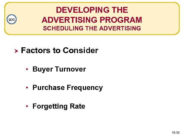 LO 3 DEVELOPING THE ADVERTISING PROGRAM SCHEDULING THE ADVERTISING Factors to Consider • Buyer