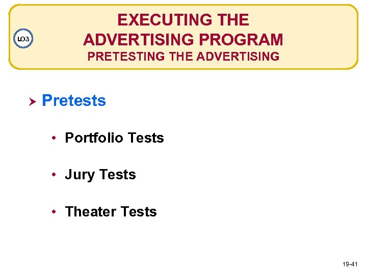 LO 3 EXECUTING THE ADVERTISING PROGRAM PRETESTING THE ADVERTISING Pretests • Portfolio Tests •