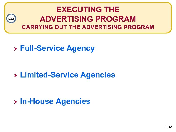 LO 3 EXECUTING THE ADVERTISING PROGRAM CARRYING OUT THE ADVERTISING PROGRAM Full-Service Agency Limited-Service