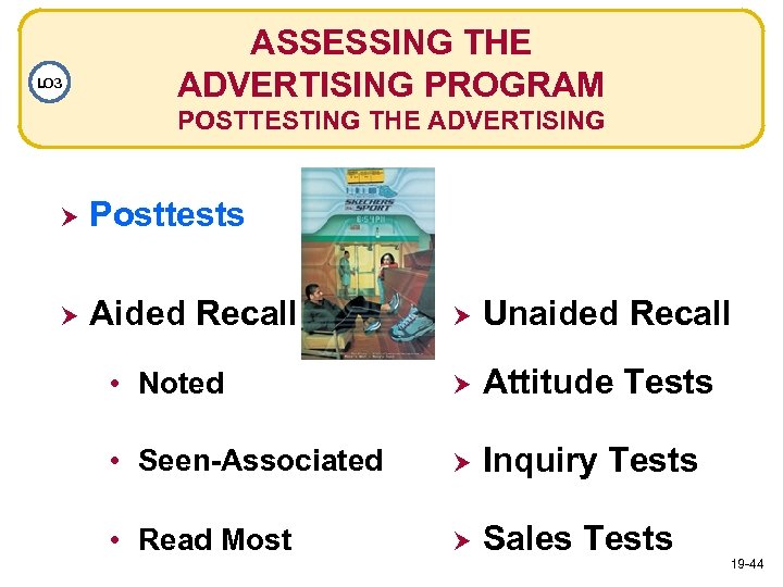 LO 3 ASSESSING THE ADVERTISING PROGRAM POSTTESTING THE ADVERTISING Posttests Aided Recall Unaided Recall