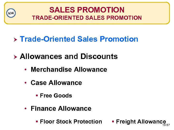 LO 4 SALES PROMOTION TRADE-ORIENTED SALES PROMOTION Trade-Oriented Sales Promotion Allowances and Discounts •