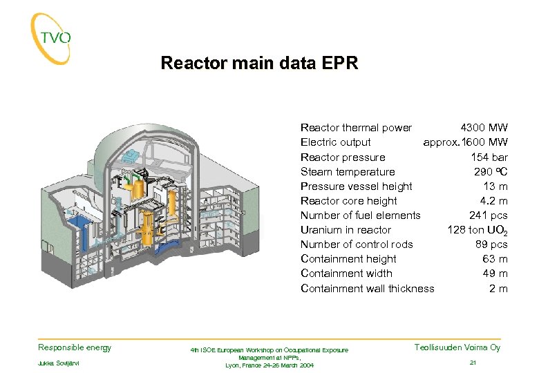 Reactor main data EPR Reactor thermal power 4300 MW Electric output approx. 1600 MW