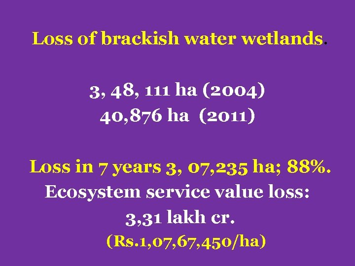Loss of brackish water wetlands. 3, 48, 111 ha (2004) 40, 876 ha (2011)