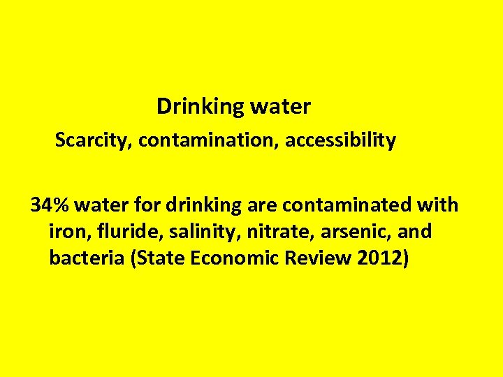  Drinking water Scarcity, contamination, accessibility 34% water for drinking are contaminated with iron,