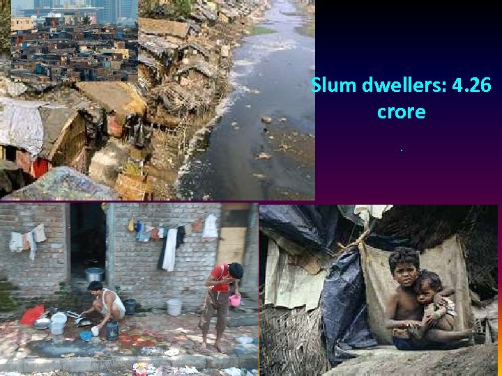  Slum dwellers: 4. 26 crore. 