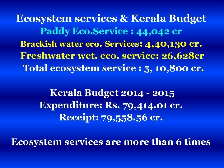 Ecosystem services & Kerala Budget Paddy Eco. Service : 44, 042 cr Brackish water