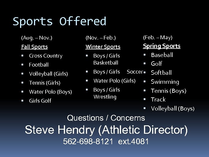 Sports Offered (Aug. – Nov. ) (Nov. – Feb. ) Fall Sports Winter Sports