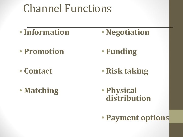 Channel Functions • Information • Negotiation • Promotion • Funding • Contact • Risk