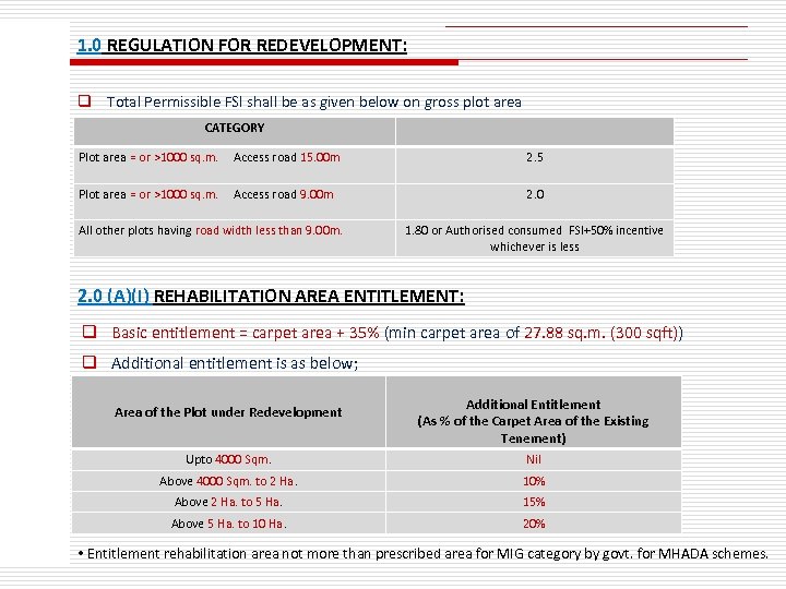 1. 0 REGULATION FOR REDEVELOPMENT: q Total Permissible FSI shall be as given below