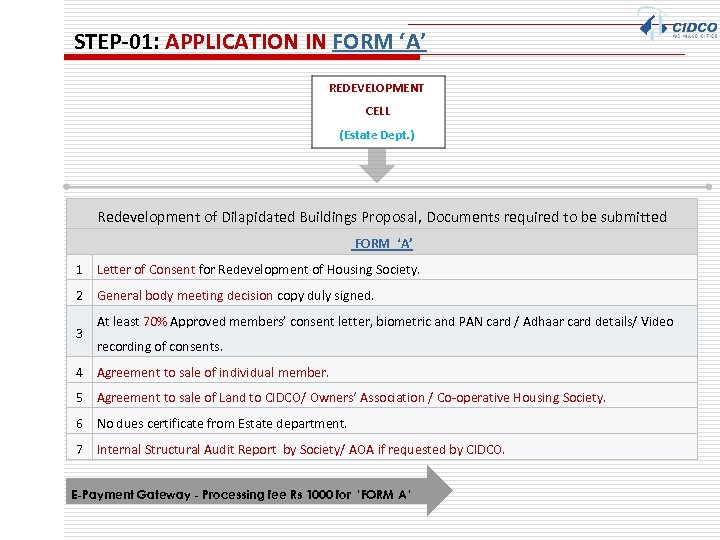 STEP-01: APPLICATION IN FORM ‘A’ REDEVELOPMENT CELL (Estate Dept. ) Redevelopment of Dilapidated Buildings