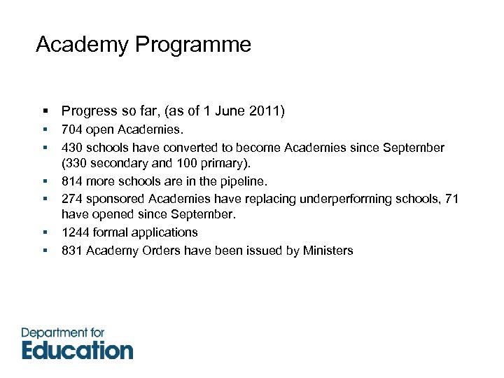 Academy Programme § Progress so far, (as of 1 June 2011) § § §