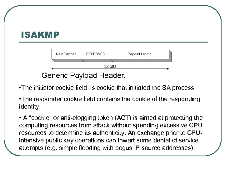 ISAKMP Generic Payload Header. • The initiator cookie field is cookie that initiated the