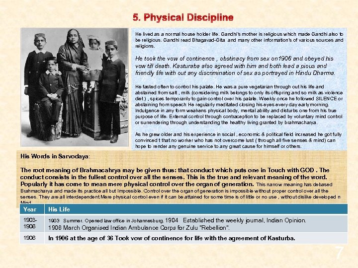 5. Physical Discipline He lived as a normal house holder life. Gandhi’s mother is