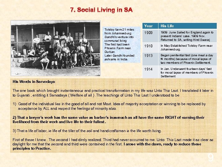 7. Social Living in SA Year His Life 1909 June Sailed for England again