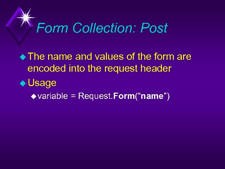 Form Collection: Post u The name and values of the form are encoded into