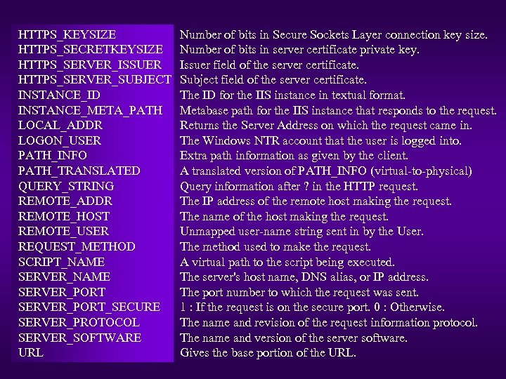 HTTPS_KEYSIZE HTTPS_SECRETKEYSIZE HTTPS_SERVER_ISSUER HTTPS_SERVER_SUBJECT INSTANCE_ID INSTANCE_META_PATH LOCAL_ADDR LOGON_USER PATH_INFO PATH_TRANSLATED QUERY_STRING REMOTE_ADDR REMOTE_HOST REMOTE_USER