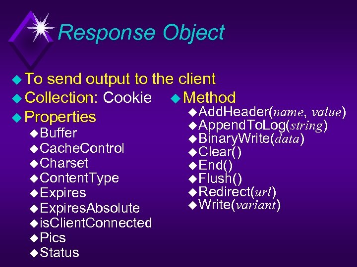 Response Object u To send output to the client u Collection: Cookie u Method