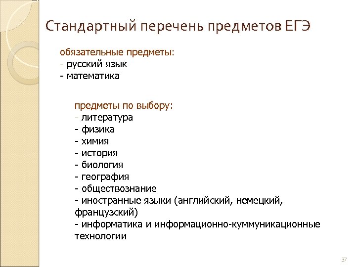 Стандартный перечень предметов ЕГЭ обязательные предметы: - русский язык - математика предметы по выбору: