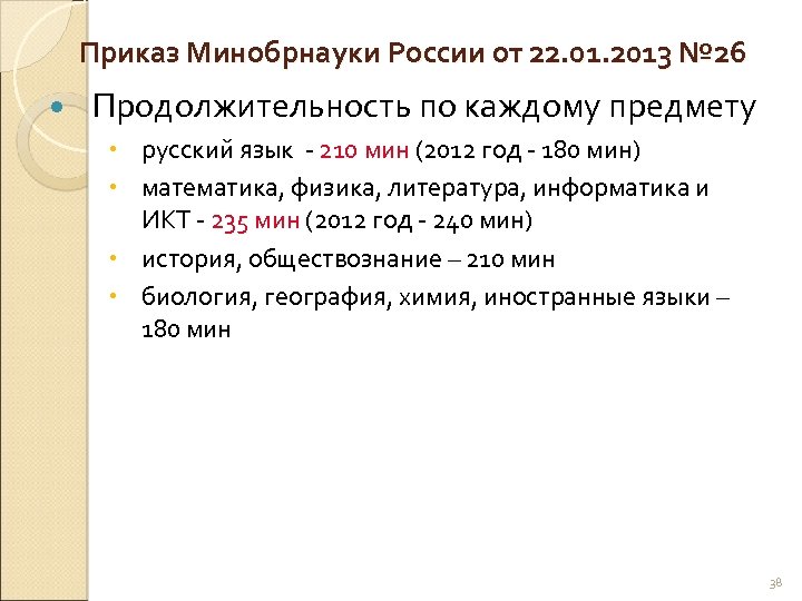 Приказ Минобрнауки России от 22. 01. 2013 № 26 Продолжительность по каждому предмету русский