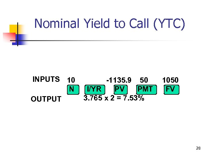 Nominal Yield to Call (YTC) INPUTS 10 N OUTPUT -1135. 9 50 I/YR PV