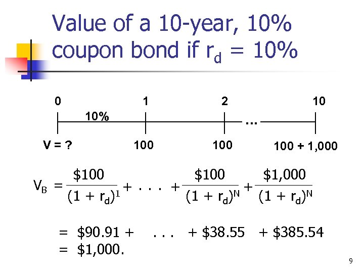Value of a 10 -year, 10% coupon bond if rd = 10% 0 1