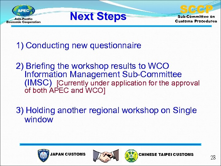 SCCP Next Steps Sub-Committee on Customs Procedures 1) Conducting new questionnaire 2) Briefing the