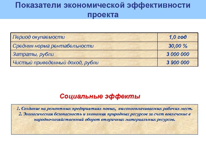 Показатели экономической эффективности проекта Период окупаемости 1, 0 год Средняя норма рентабельности 30, 00