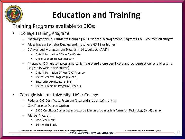 Education and Training Programs available to CIOs: • i. College Training Programs – No