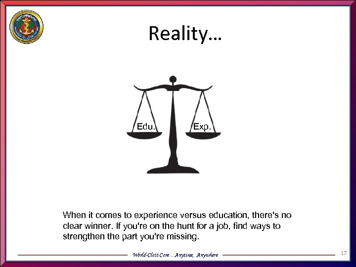 Reality… Edu. Exp. When it comes to experience versus education, there's no clear winner.