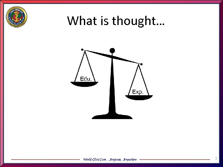 What is thought… Edu. Exp. World-Class Care…Anytime, Anywhere 2 