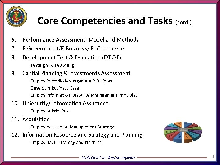 Core Competencies and Tasks (cont. ) 6. 7. 8. Performance Assessment: Model and Methods