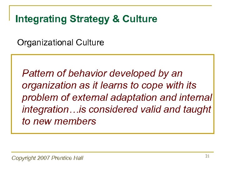 Integrating Strategy & Culture Organizational Culture Pattern of behavior developed by an organization as
