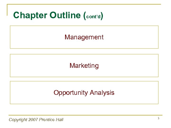 Chapter Outline (cont’d) Management Marketing Opportunity Analysis Copyright 2007 Prentice Hall 3 