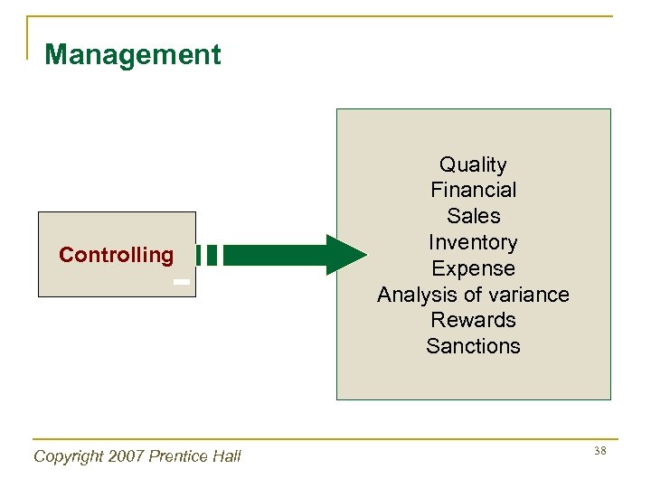 Management Controlling Copyright 2007 Prentice Hall Quality Financial Sales Inventory Expense Analysis of variance