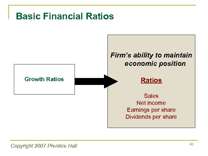 Basic Financial Ratios Firm’s ability to maintain economic position Growth Ratios Sales Net income
