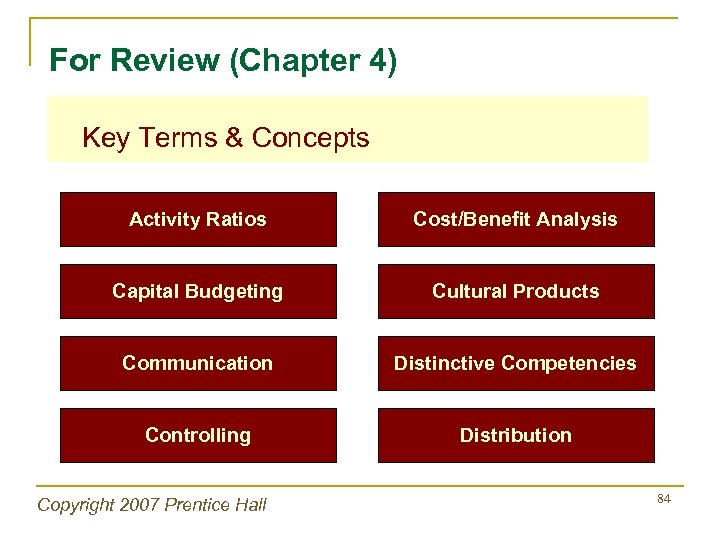 For Review (Chapter 4) Key Terms & Concepts Activity Ratios Cost/Benefit Analysis Capital Budgeting