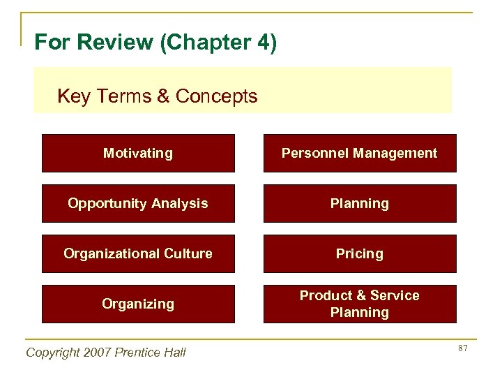 For Review (Chapter 4) Key Terms & Concepts Motivating Personnel Management Opportunity Analysis Planning