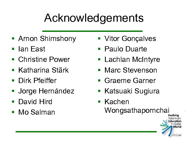 Acknowledgements § § § § Arnon Shimshony Ian East Christine Power Katharina Stärk Dirk