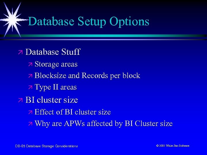 Database Setup Options ä Database Stuff ä Storage areas ä Blocksize and Records per